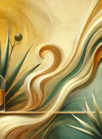 An abstract, artistic interpretation of tequila tasting for a blog header image. The design features swirling golden and amber liquid forms representi