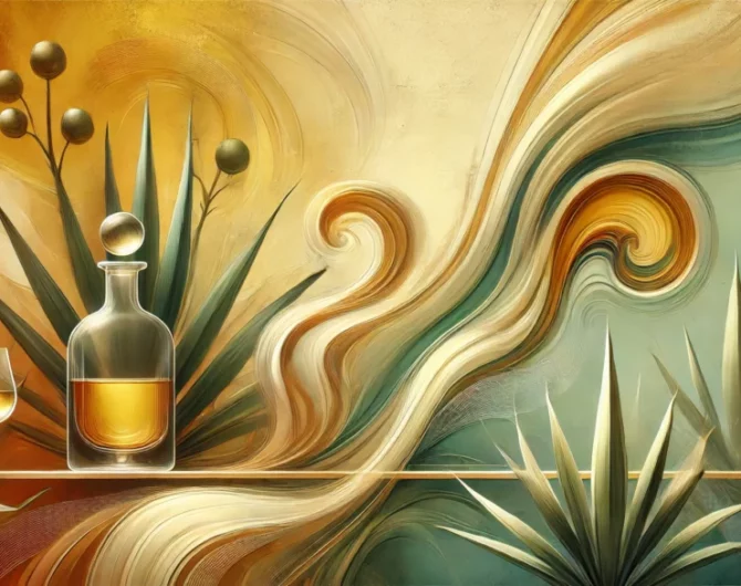 An abstract, artistic interpretation of tequila tasting for a blog header image. The design features swirling golden and amber liquid forms representi An abstract, artistic interpretation of tequila tasting for a blog header image. The design features swirling golden and amber liquid forms representi