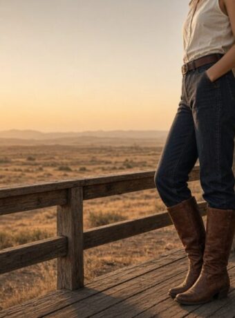 Quiet neo-frontier look on a porch at golden hour after cowboycore