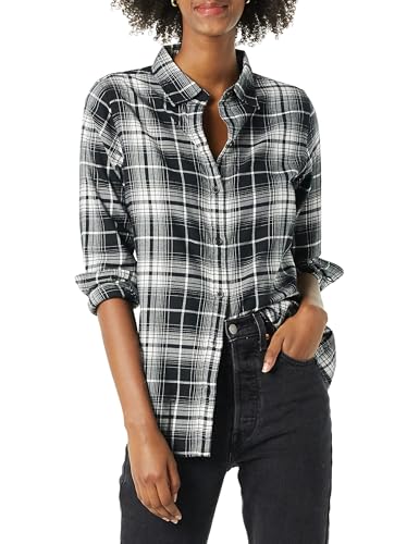 Amazon Essentials black white plaid flannel shirt for fall flannel outfit