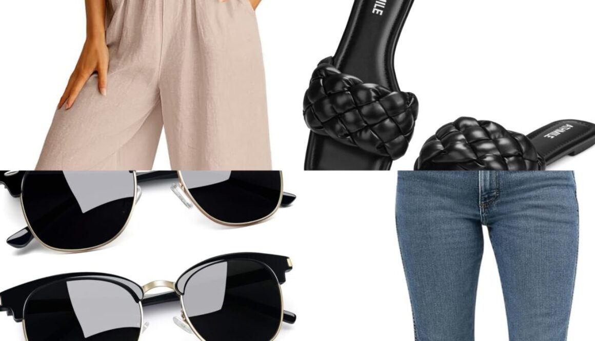 Amazon vacation fashion collage: linen set, braided sandals, sunglasses, and western snap shirt for chic getaway packing