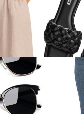 Amazon vacation fashion collage: linen set, braided sandals, sunglasses, and western snap shirt for chic getaway packing
