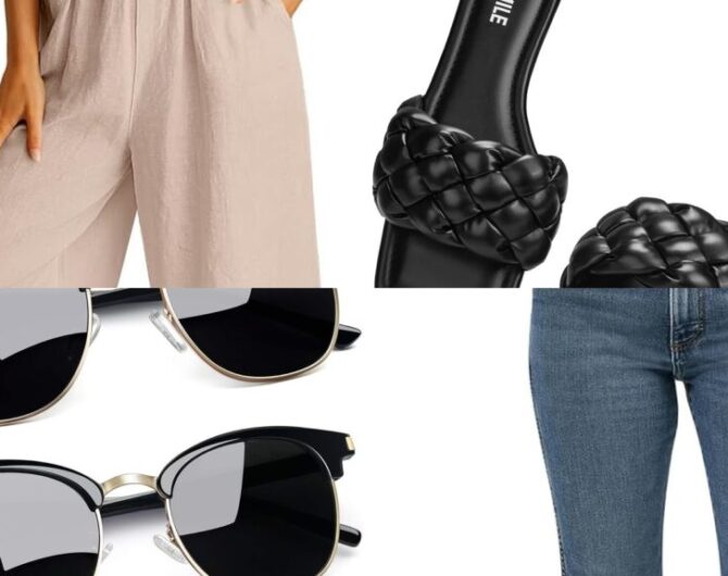 Amazon vacation fashion collage: linen set, braided sandals, sunglasses, and western snap shirt for chic getaway packing