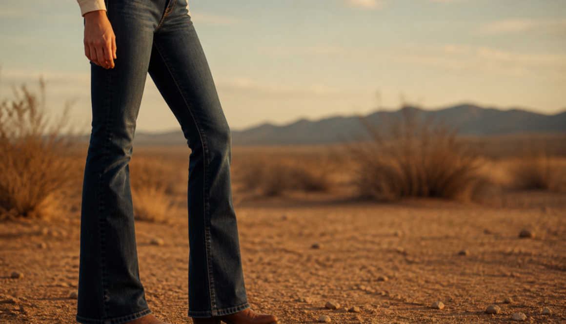Dark wash bootcut jeans over brown cowboy boots at golden hour in open country