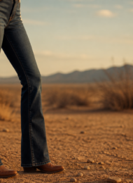 Dark wash bootcut jeans over brown cowboy boots at golden hour in open country