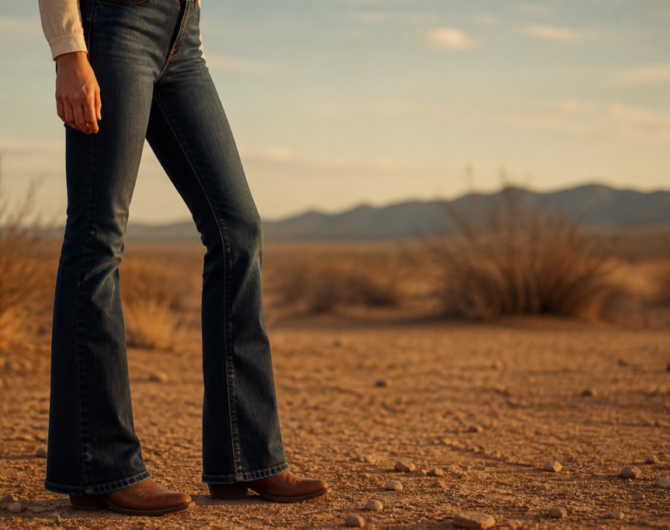 Dark wash bootcut jeans over brown cowboy boots at golden hour in open country