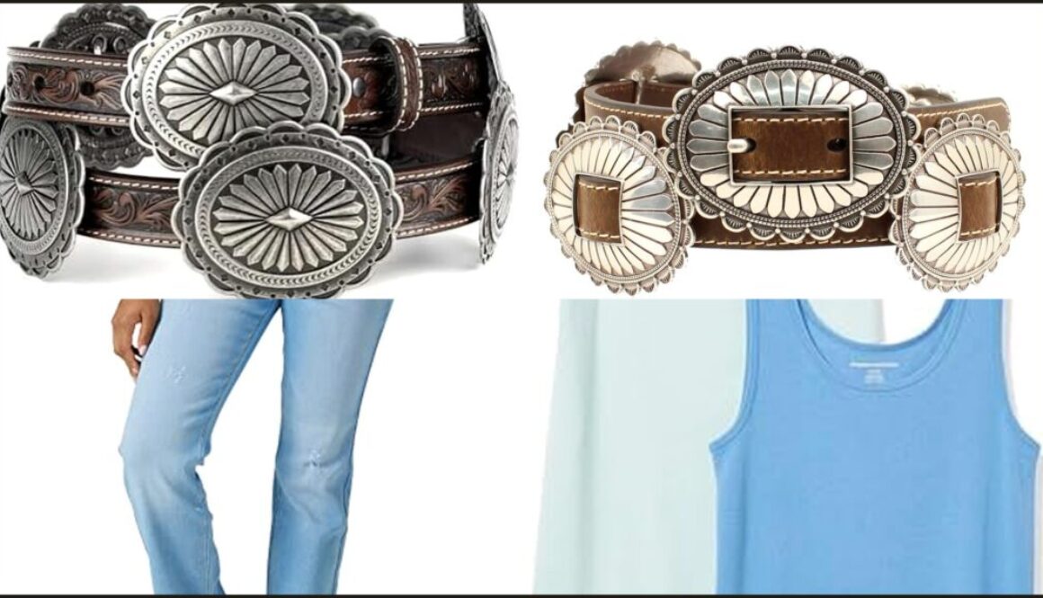 Concho belt outfit collage: Ariat tooled belt, Nocona oval belt, bootcut jean, ribbed tank