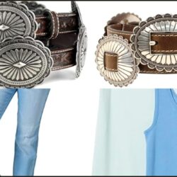 Concho belt outfit collage: Ariat tooled belt, Nocona oval belt, bootcut jean, ribbed tank