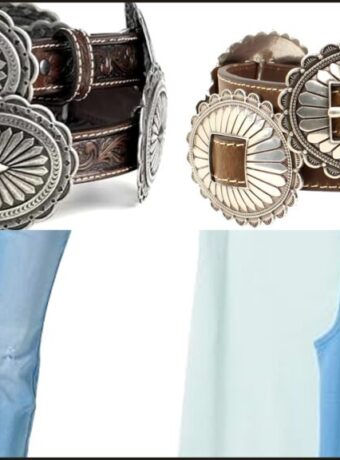 Concho belt outfit collage: Ariat tooled belt, Nocona oval belt, bootcut jean, ribbed tank