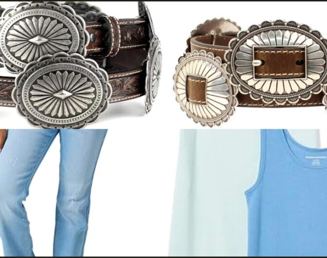 Concho belt outfit collage: Ariat tooled belt, Nocona oval belt, bootcut jean, ribbed tank