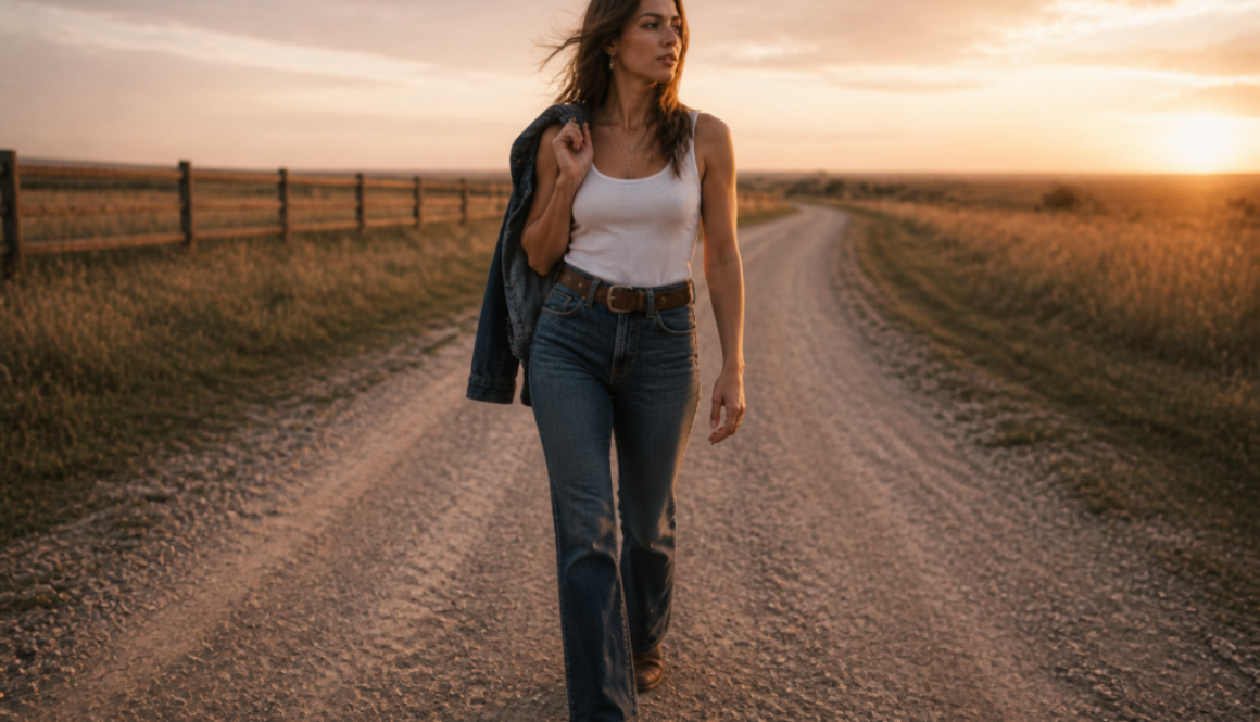 Fashion editorial: woman in denim, white tank, and boots walking a prairie road at golden hour