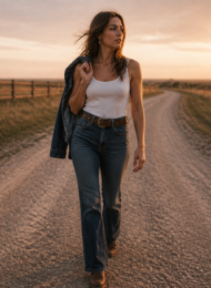 Fashion editorial: woman in denim, white tank, and boots walking a prairie road at golden hour