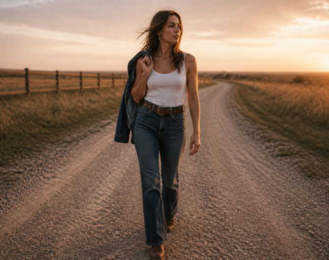 Fashion editorial: woman in denim, white tank, and boots walking a prairie road at golden hour