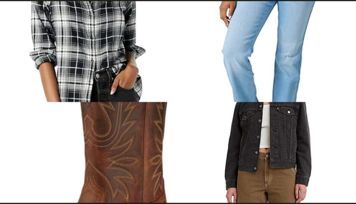 Fall flannel outfit collage: plaid flannel, bootcut jean, western boots, and trucker jacket