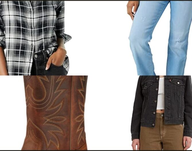 Fall flannel outfit collage: plaid flannel, bootcut jean, western boots, and trucker jacket