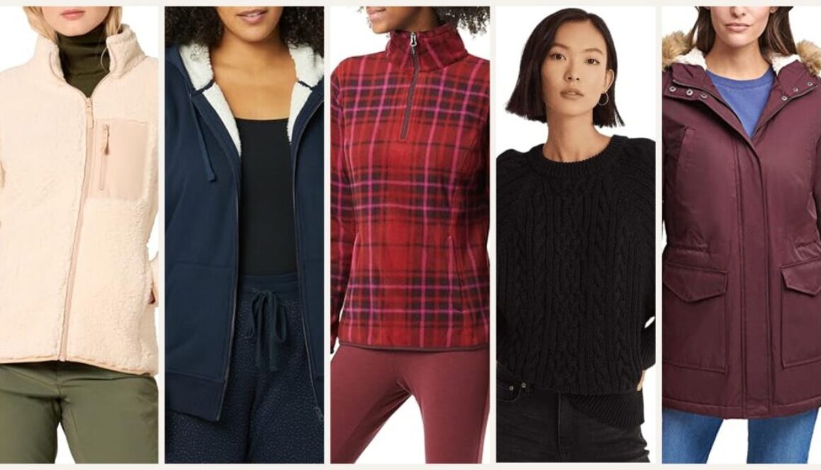 Fleece jackets and sweaters Amazon haul collage with sherpa, cable knit, and cozy fall layers