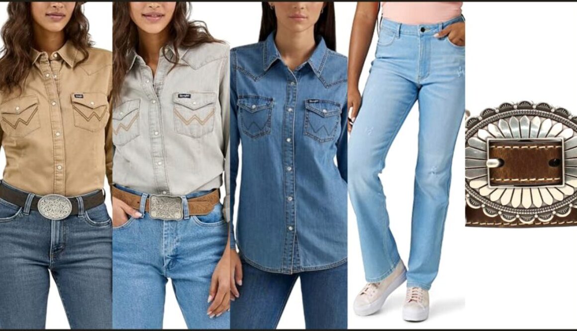 Pearl snap shirt outfit collage: Rawhide snap, gray snap, denim snap, bootcut jean, concho belt