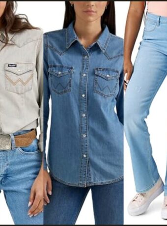Pearl snap shirt outfit collage: Rawhide snap, gray snap, denim snap, bootcut jean, concho belt