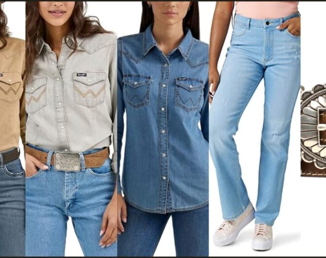 Pearl snap shirt outfit collage: Rawhide snap, gray snap, denim snap, bootcut jean, concho belt