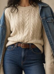 Fashion editorial header: cream cable knit, denim jacket on shoulders, indigo jeans, quiet loft light