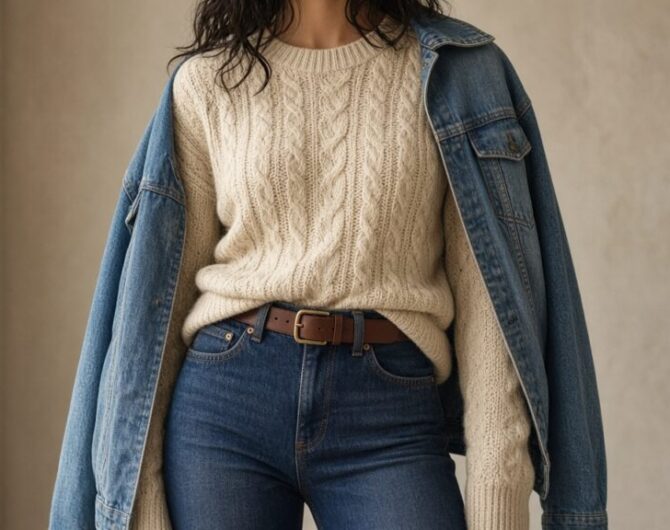 Fashion editorial header: cream cable knit, denim jacket on shoulders, indigo jeans, quiet loft light
