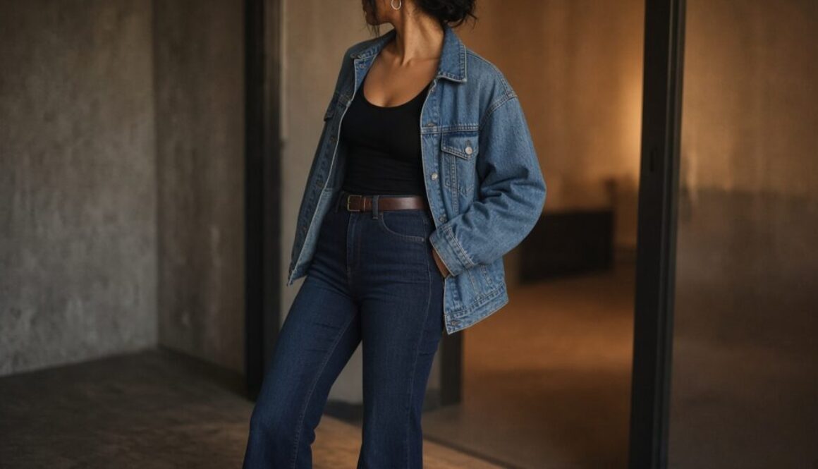 Ranch to dinner outfit fashion editorial: anonymous model in denim jacket, black tank, and indigo jeans in soft loft light