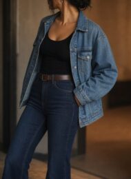 Ranch to dinner outfit fashion editorial: anonymous model in denim jacket, black tank, and indigo jeans in soft loft light