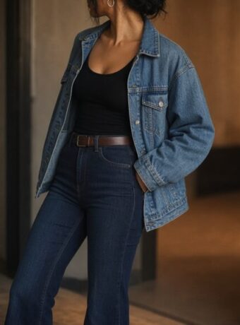 Ranch to dinner outfit fashion editorial: anonymous model in denim jacket, black tank, and indigo jeans in soft loft light