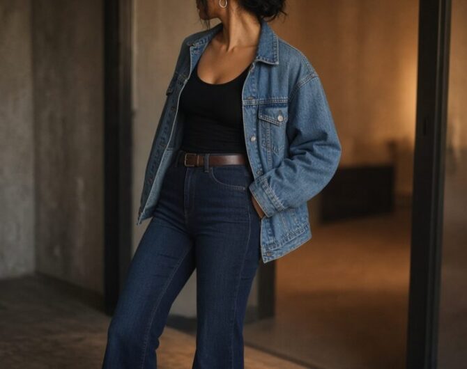 Ranch to dinner outfit fashion editorial: anonymous model in denim jacket, black tank, and indigo jeans in soft loft light
