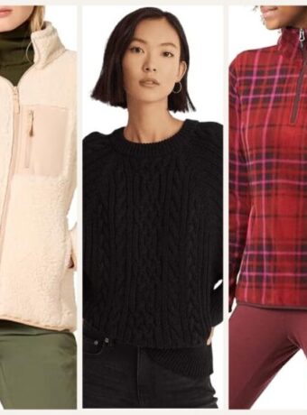 Ski resort chic Amazon winter fashion collage with puffer, sherpa, and knits