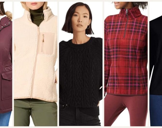 Ski resort chic Amazon winter fashion collage with puffer, sherpa, and knits