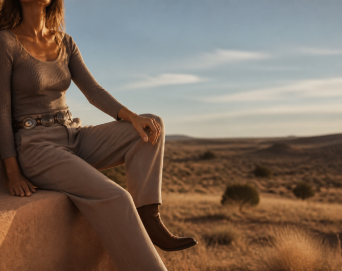 Woman in ribbed taupe loungewear with concho belt and boots at golden hour