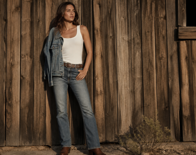 Fashion editorial: woman in kick-boot denim, white tank, concho belt, and boots against a barn wall at golden hour