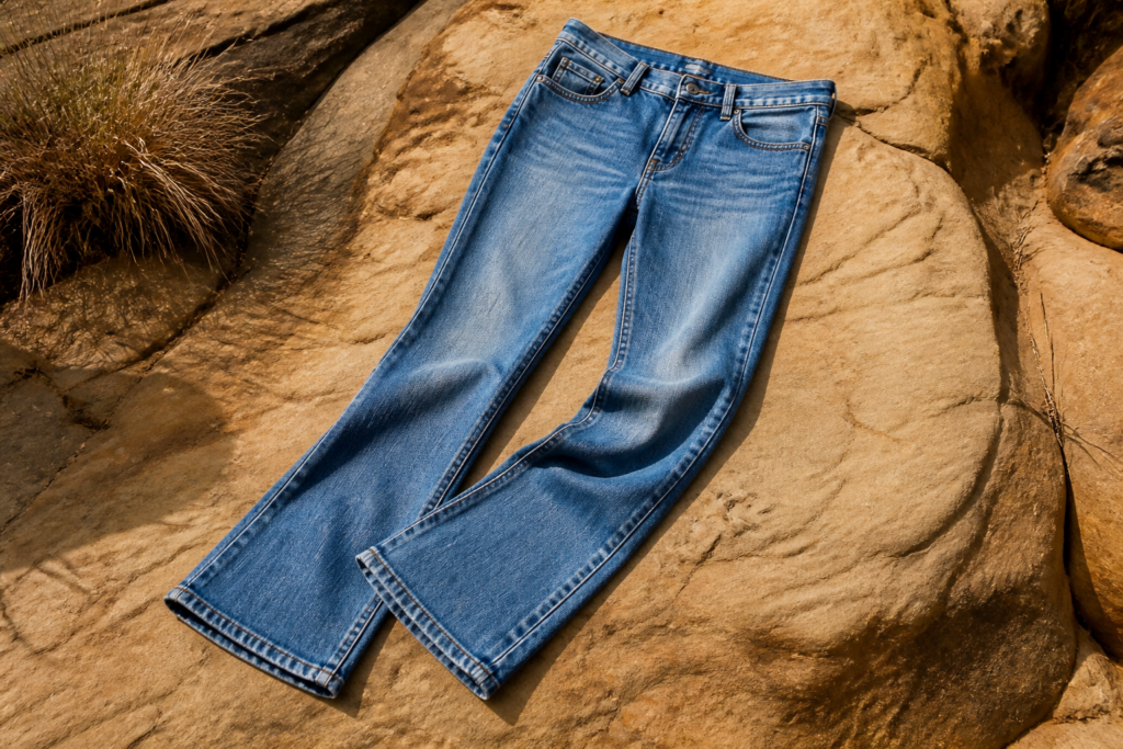 Dark wash high-rise bootcut jeans styled for neo-frontier