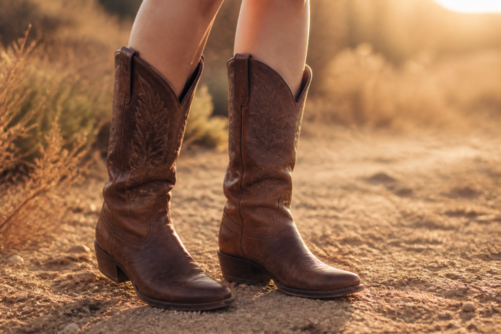 Brown leather cowboy boots on dusty ground at golden hour