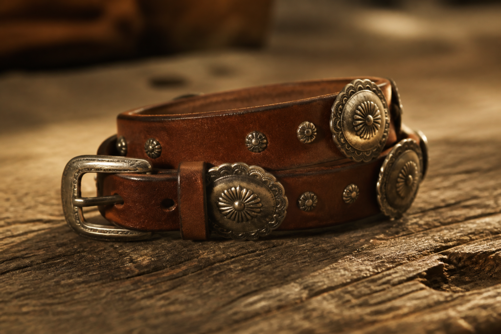 Leather concho belt with silver hardware