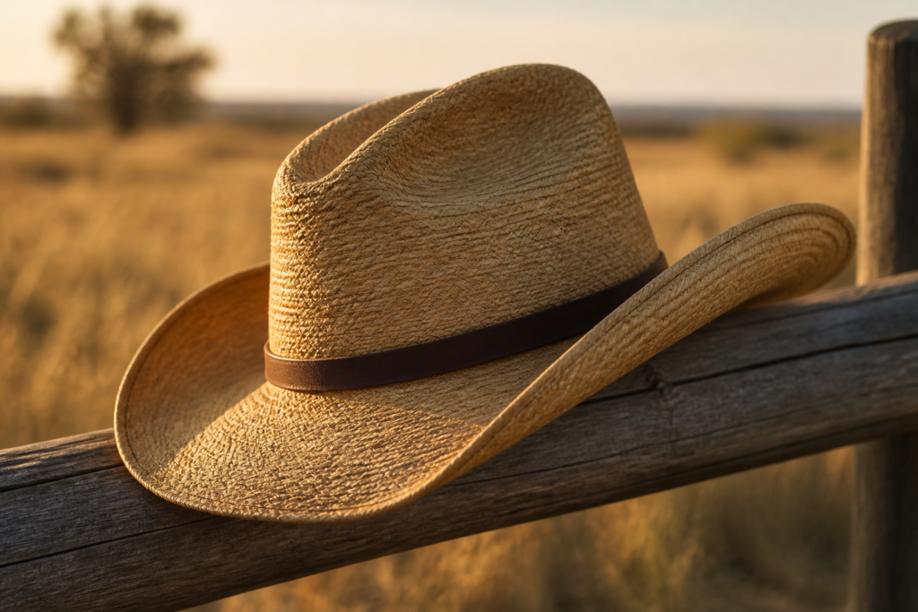 Straw cowboy hat on a wooden fence at golden hour