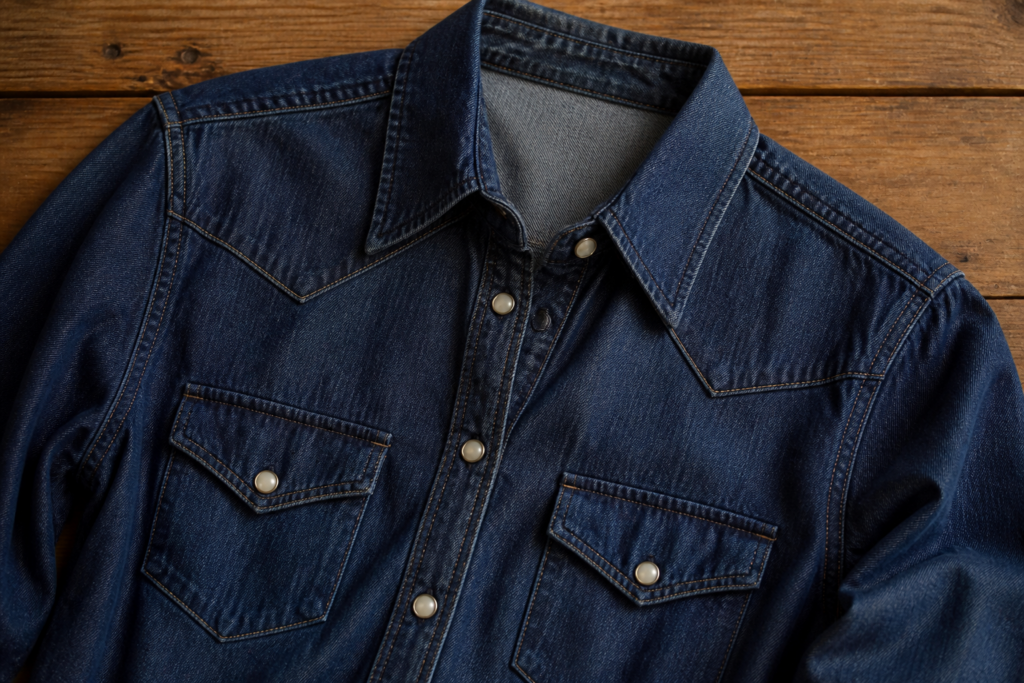 Dark wash western denim pearl snap shirt