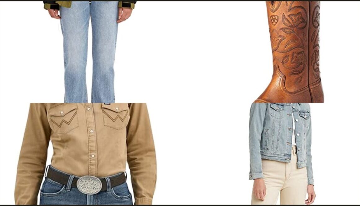 Straight leg jeans with boots collage: 501 jeans, round toe boots, snap shirt, trucker