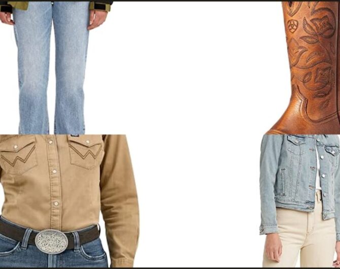 Straight leg jeans with boots collage: 501 jeans, round toe boots, snap shirt, trucker