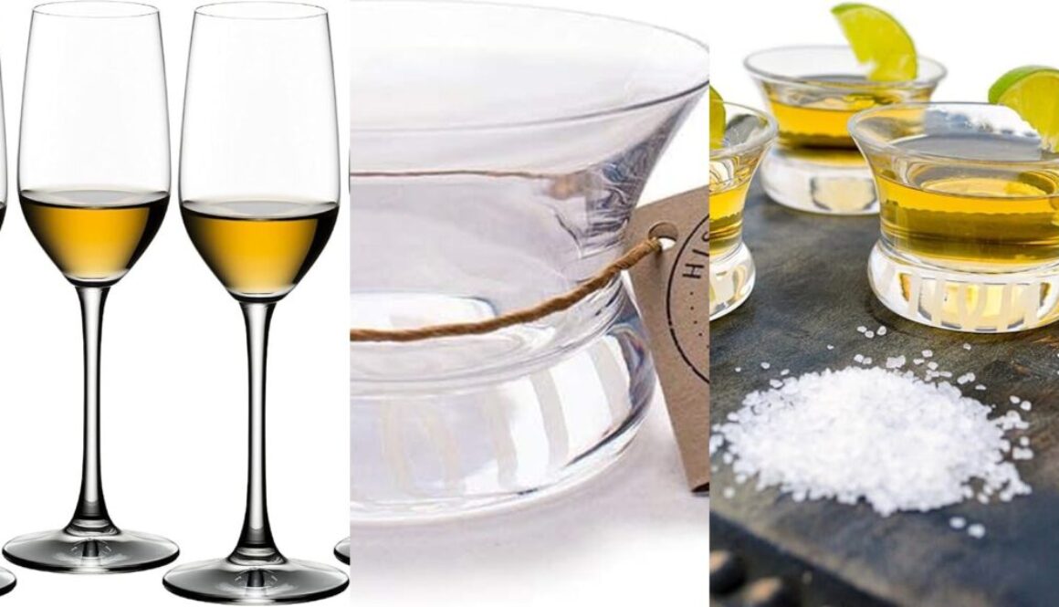 Tequila tasting 101 glassware collage: Riedel and Oaxaca tasting glasses for savoring tequila like a pro