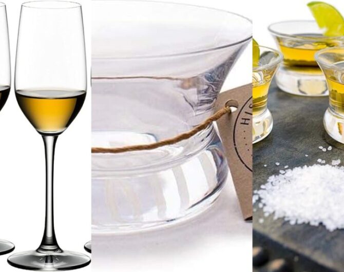 Tequila tasting 101 glassware collage: Riedel and Oaxaca tasting glasses for savoring tequila like a pro