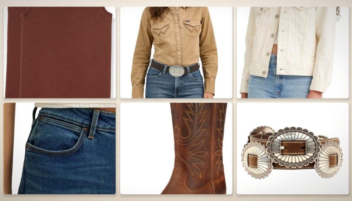 Texas fall layering product collage: tank, pearl snap, denim trucker, bootcut jean, western boots, and concho belt
