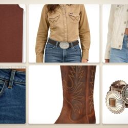 Texas fall layering product collage: tank, pearl snap, denim trucker, bootcut jean, western boots, and concho belt