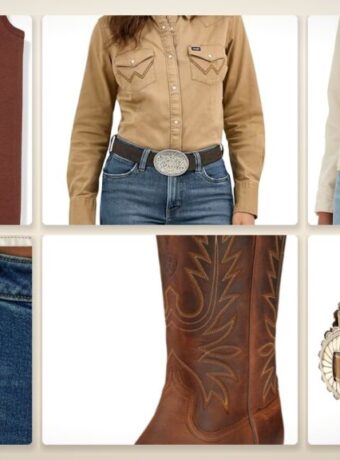 Texas fall layering product collage: tank, pearl snap, denim trucker, bootcut jean, western boots, and concho belt