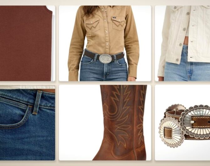 Texas fall layering product collage: tank, pearl snap, denim trucker, bootcut jean, western boots, and concho belt