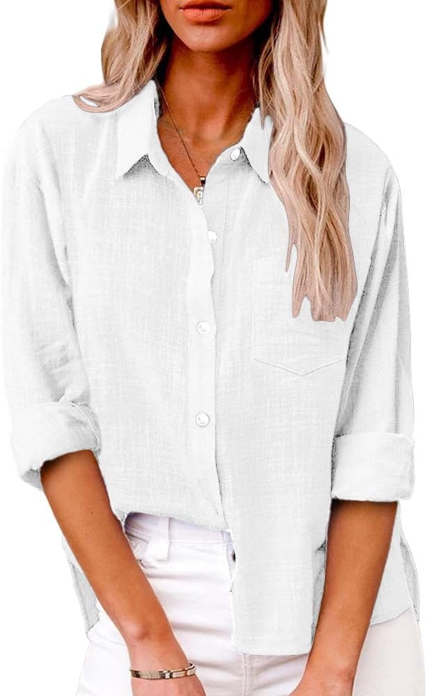 White lightweight cotton button-down shirt with rolled sleeves and a chest pocket for an F1 Austin track day