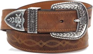 Ariat women's brown leather Western belt with center stitching and an engraved silver-tone buckle