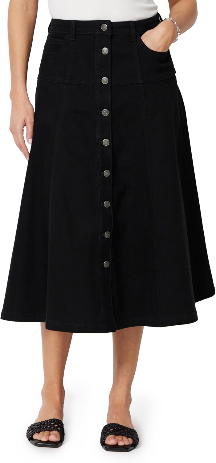 Amazon Essentials black A-line button-front denim midi skirt for a game day skirt with cowboy boots