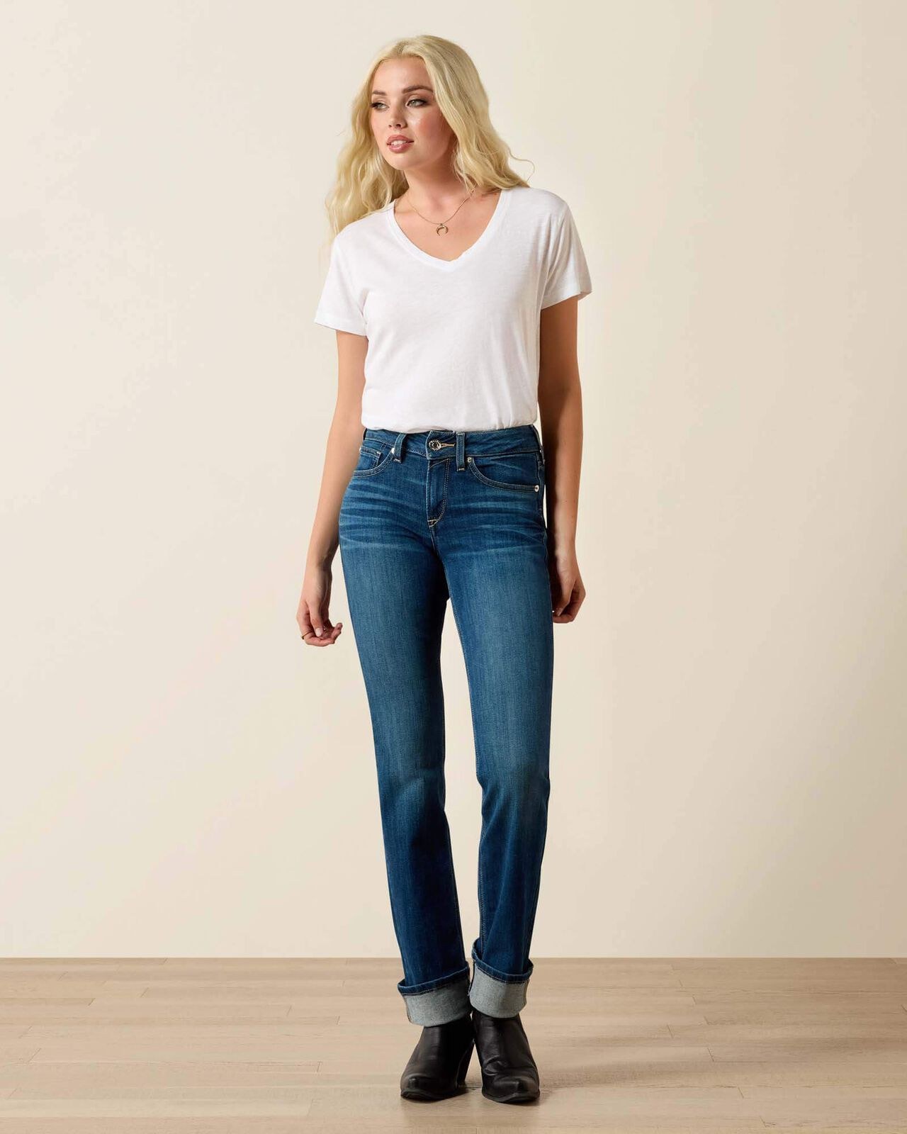 Straight-leg indigo jeans with cowboy boots and a white tee for a city daytime look